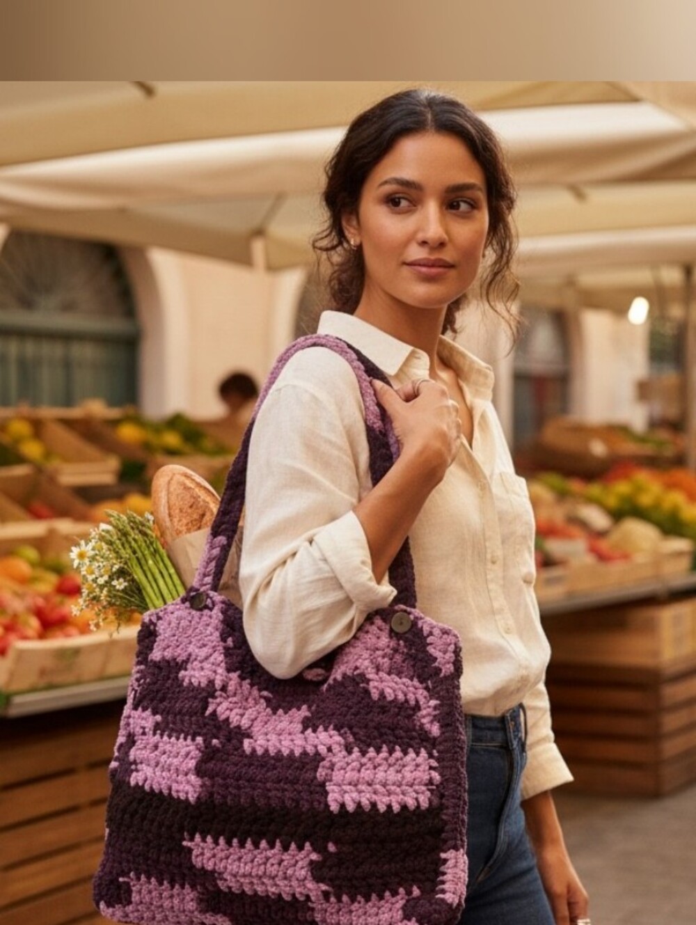 Handmade Crochet Tote Bag in Purple and Lavender